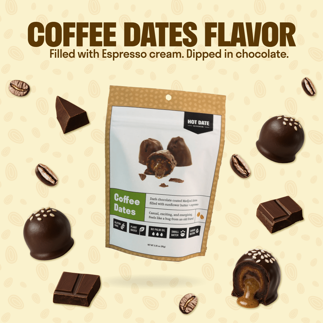 Chocolate Covered California Medjool Date: filled with sunflower butter + Organic espresso