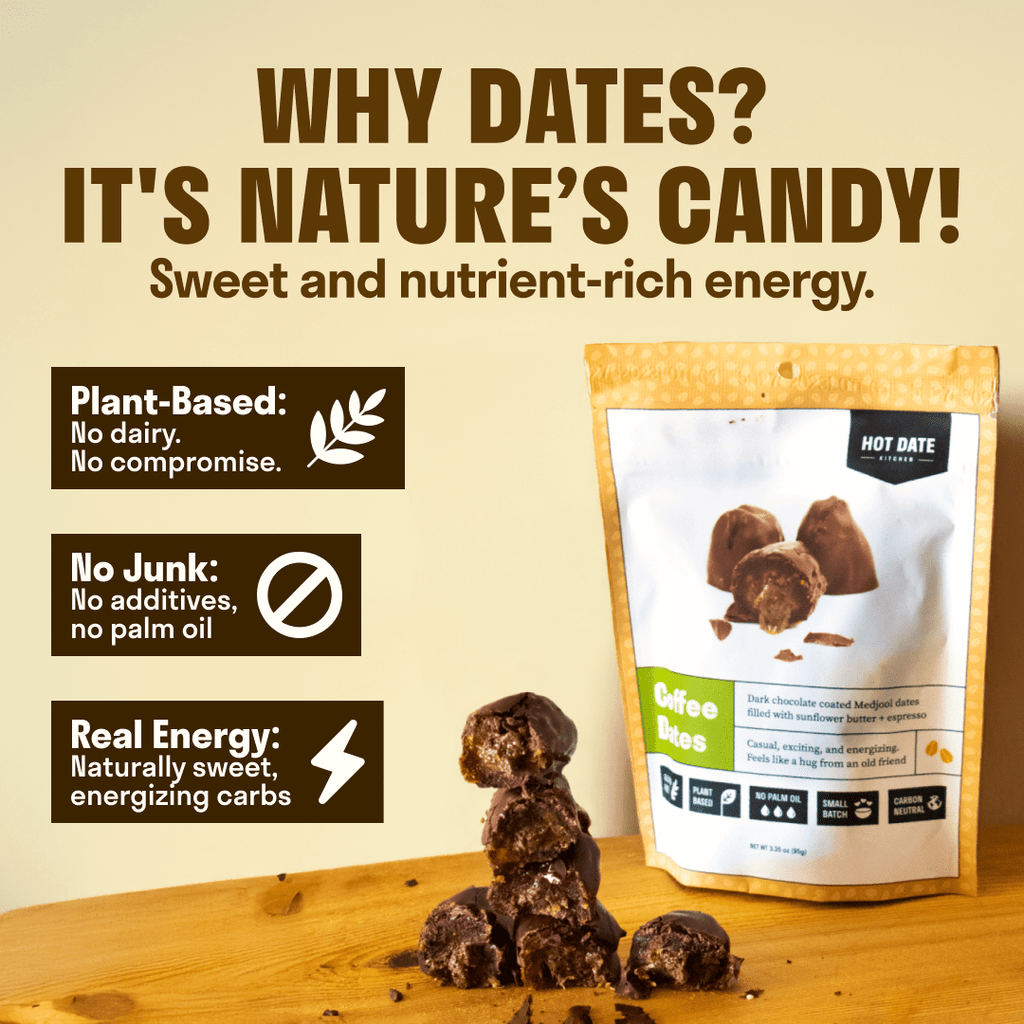 Chocolate Covered California Medjool Date: filled with sunflower butter + Organic espresso